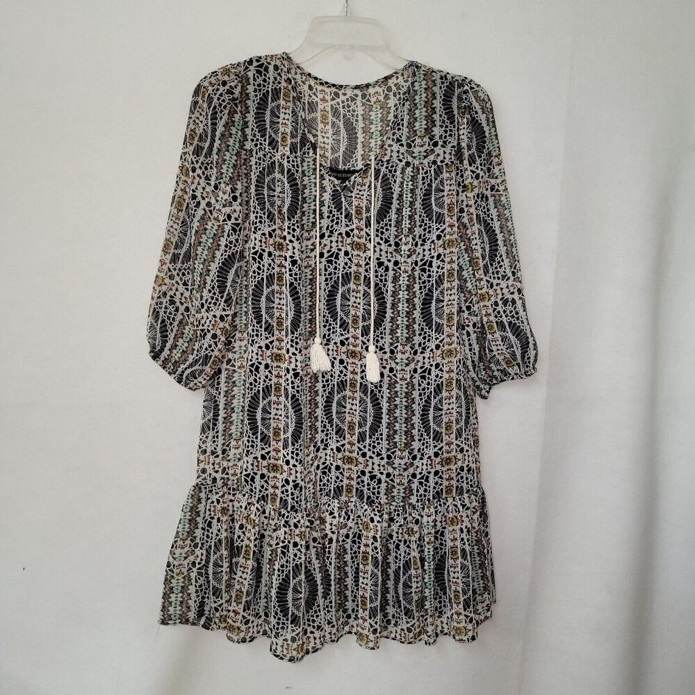 Jodi Kristopher Dress Womens S Black Sheer Print Lined 3/4 Sleeve Peasant Boho